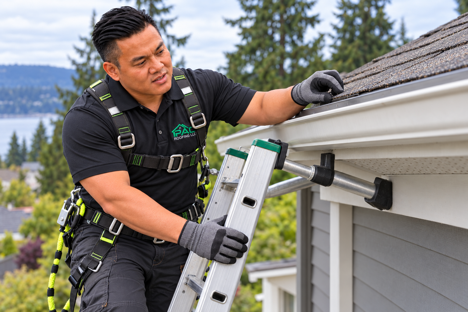 PAC Roofing LLC technician on ladder conducting thorough roof inspection