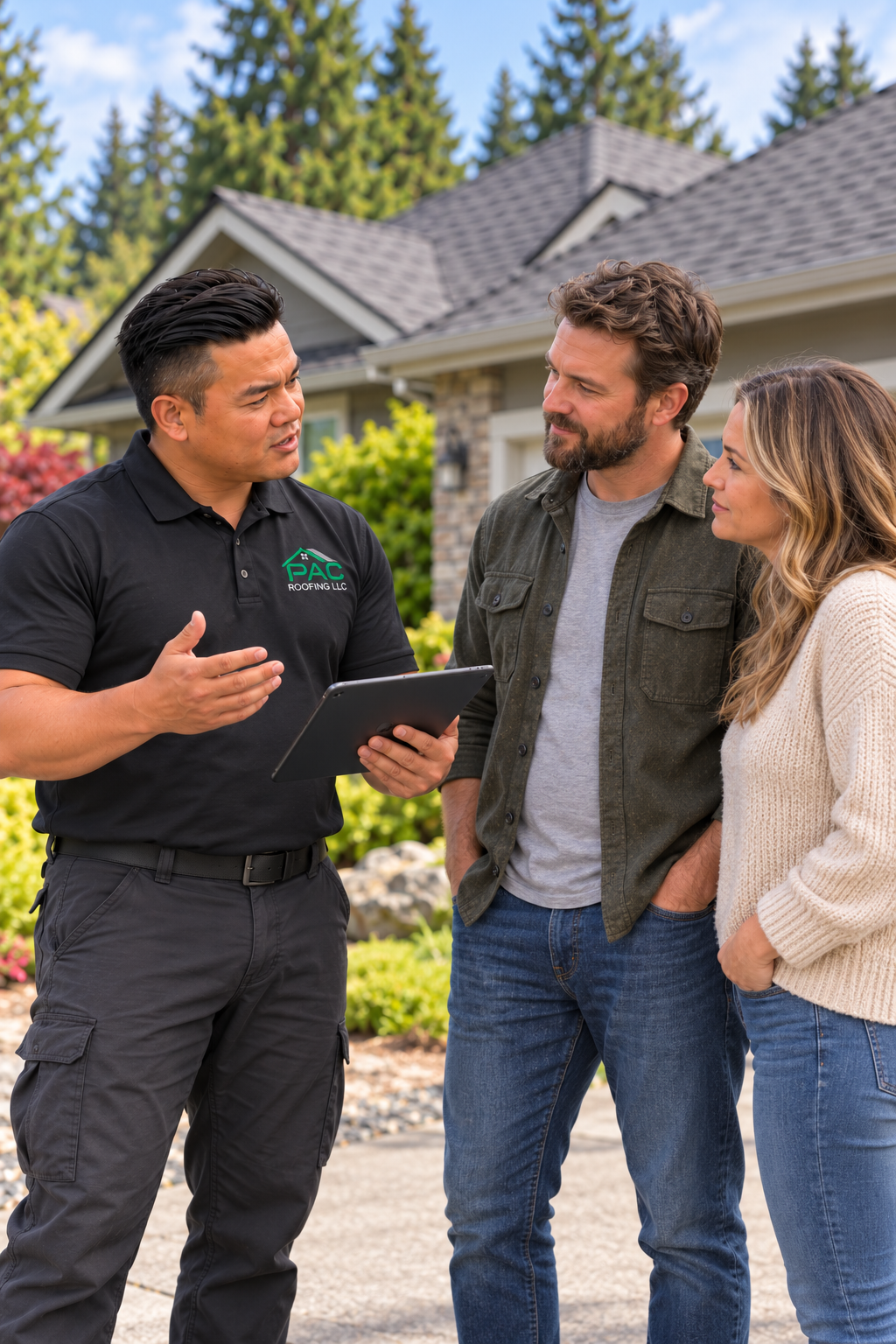 PAC Roofing LLC representative meeting with homeowners outdoors to review roofing options