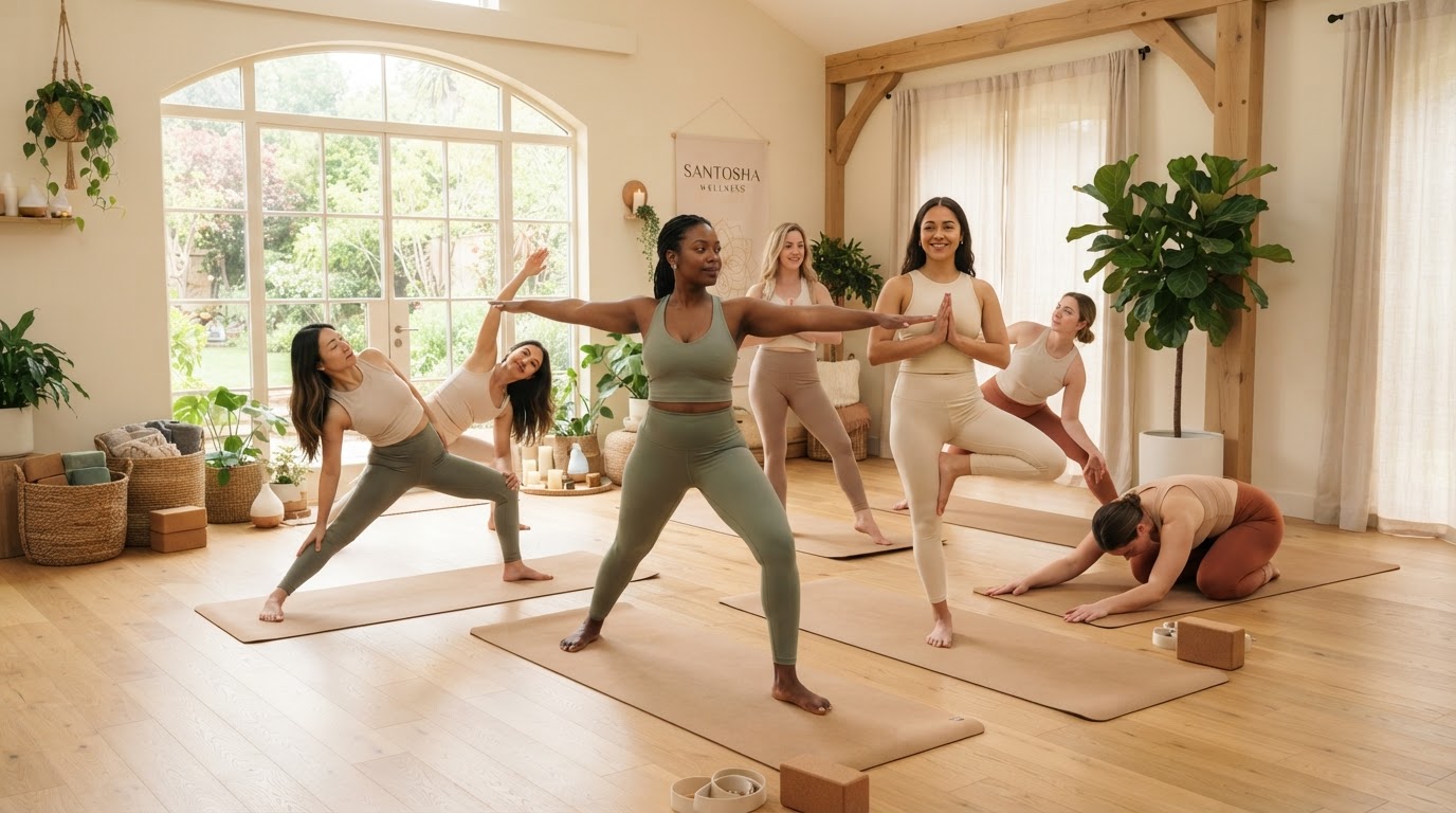 Women's wellness session — women practising gentle holistic yoga together