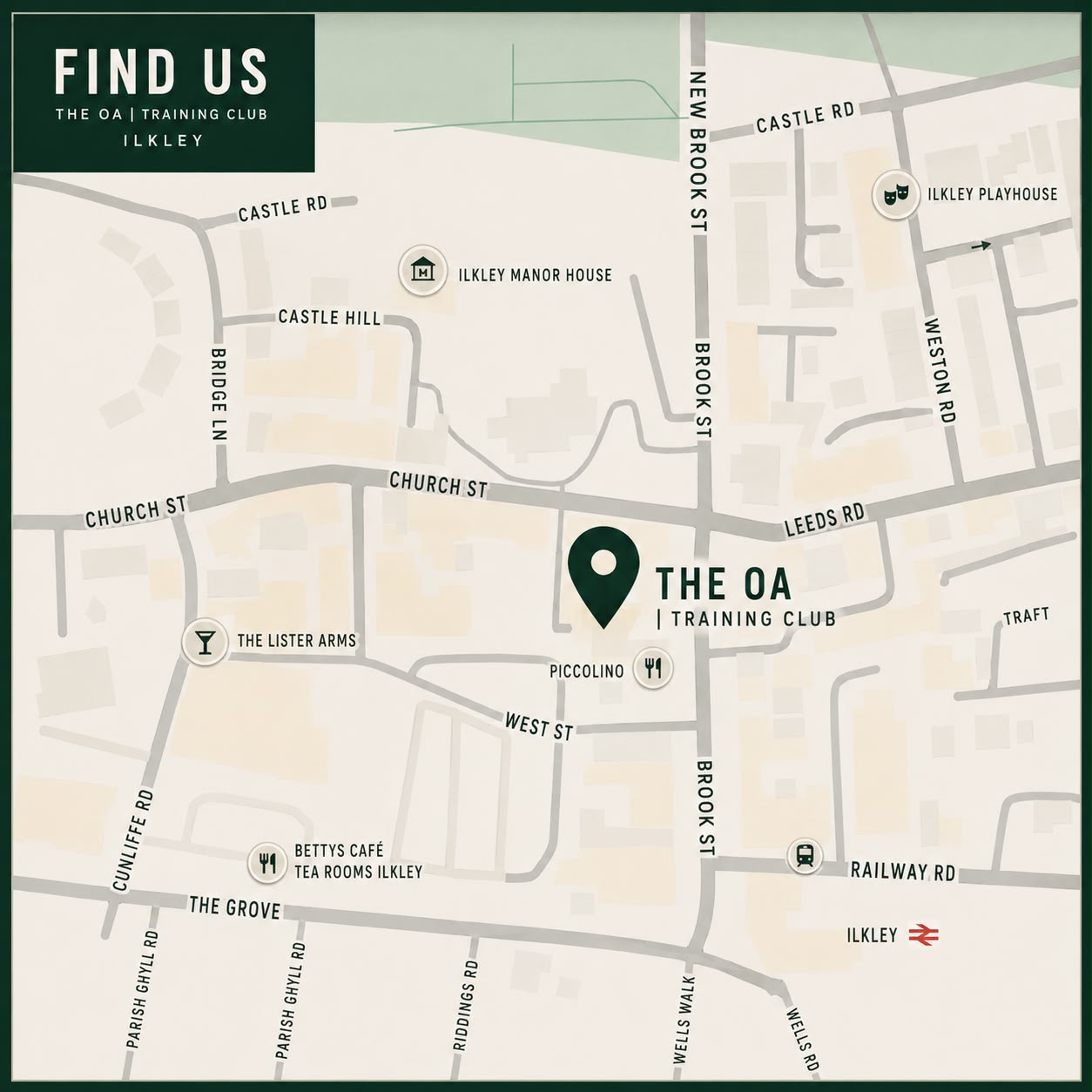 Map showing The OA Training Club in central Ilkley