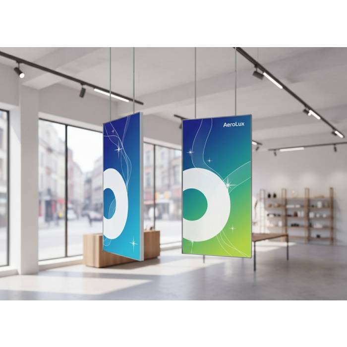 AeroLux dubbelzijdige hangende LED-frames in retail etalage en showroom