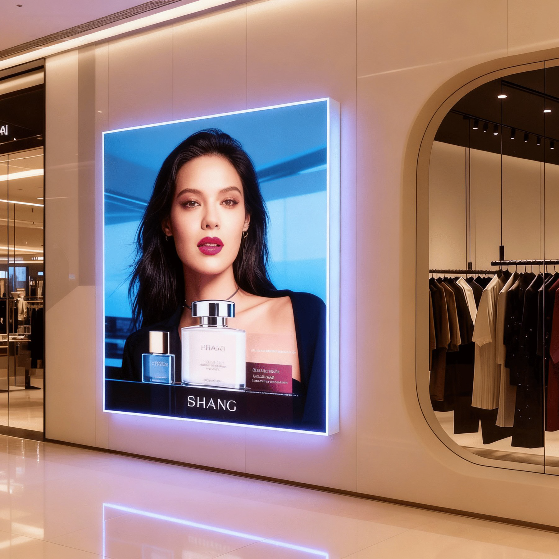 Wandgemonteerd LED-lichtframe met halo-effect in luxe retail- en cosmeticawinkel