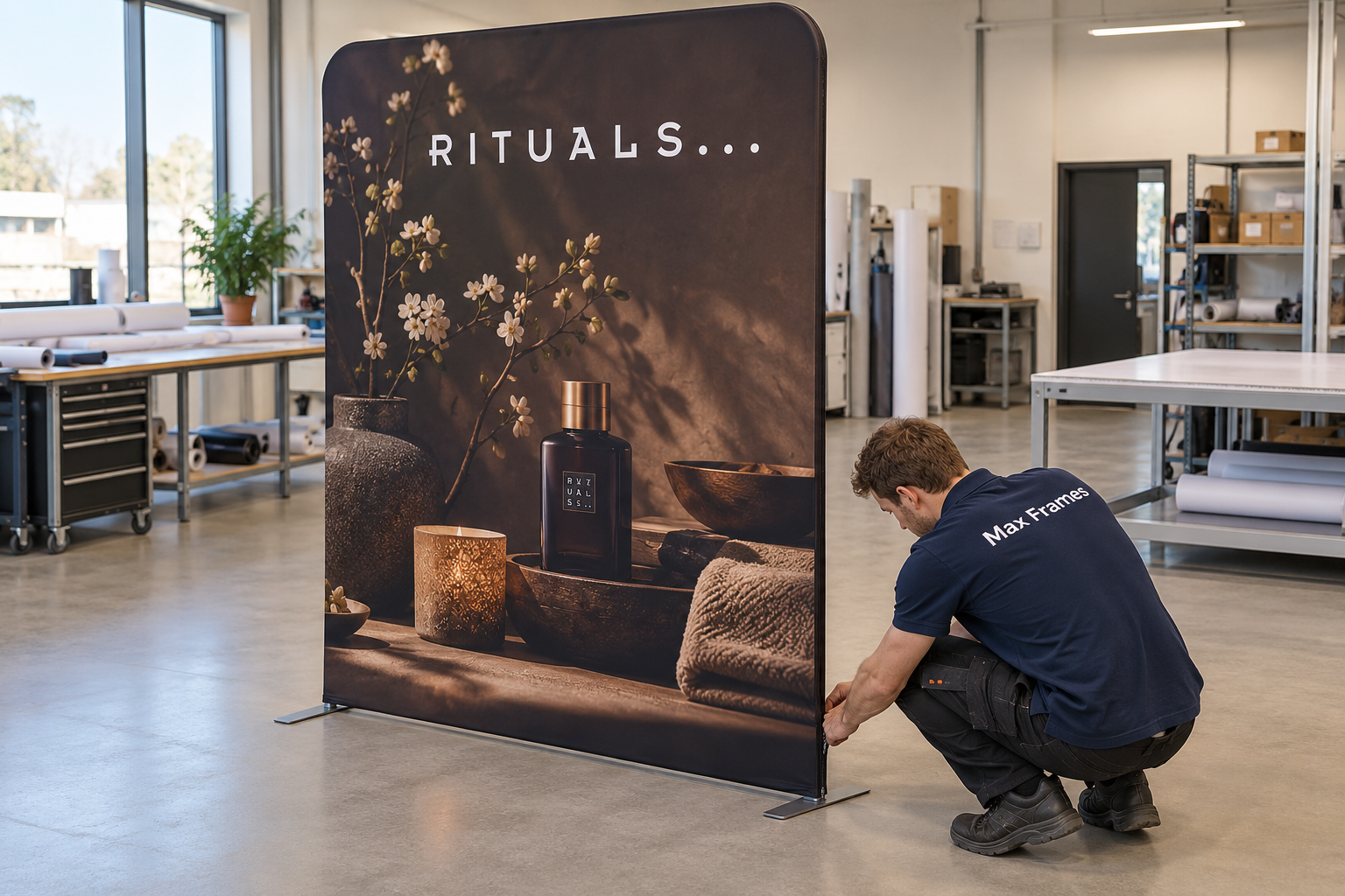 Rituals zipper wall montage met strak stretchdoek en rits