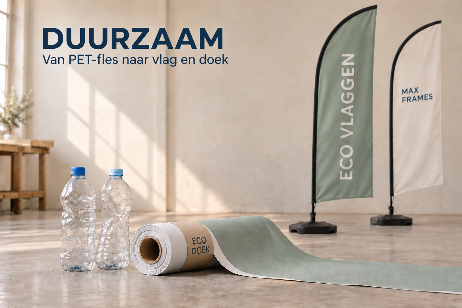 Duurzaam ECO doek en ECO beachvlaggen van gerecyclede PET-flessen door Max Frames