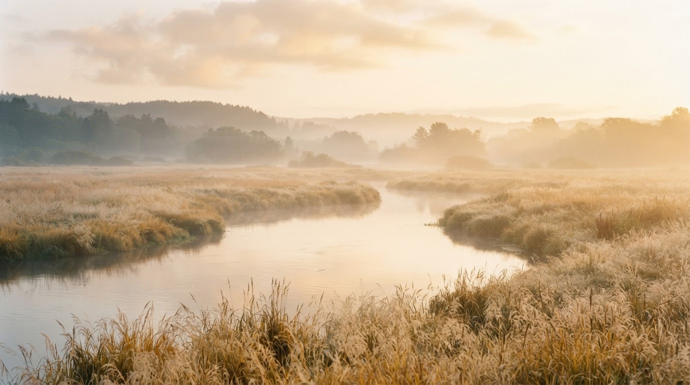 Ruhige weite Flusslandschaft im warmen Morgenlicht — ein Bild für den inneren Klärungsprozess