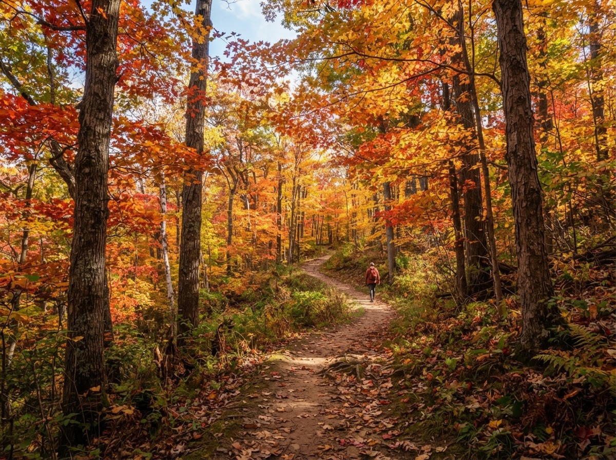 Vibrant fall foliage with red, orange, and yellow leaves along a wooded trail in West Michigan for a fall colors guide.
