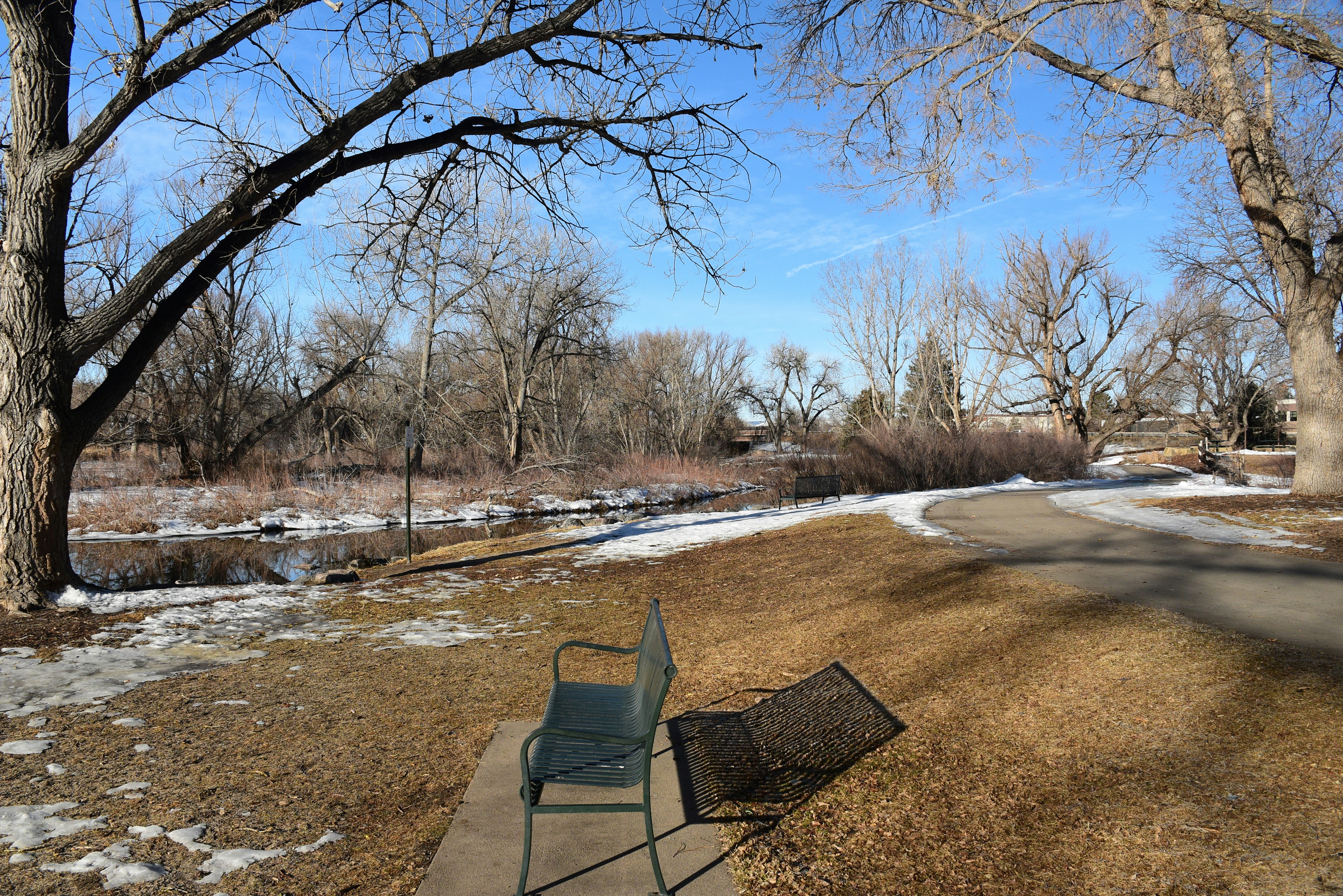 Winter walking trail in West Michigan park with snow