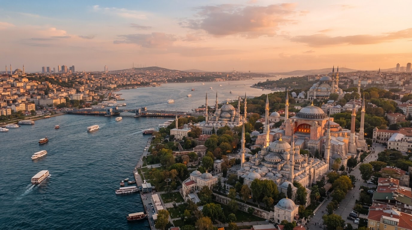 Istanbul, Türkiye skyline over the Bosphorus at golden hour — example travel advertising destination