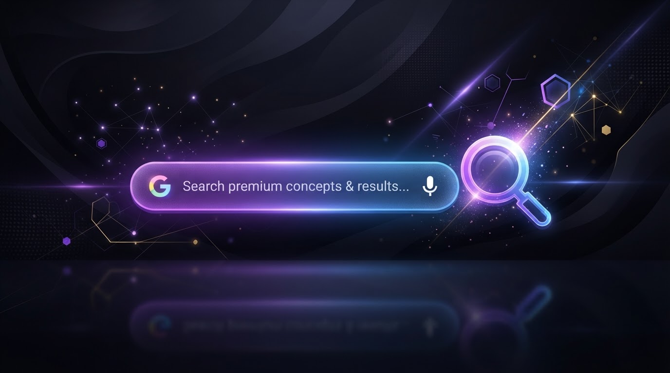 Abstract concept of Google search advertising with a search bar interface and violet blue gradient glow