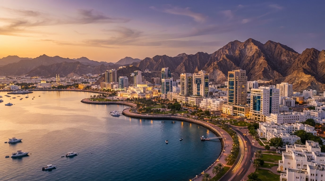 Aerial view of Muscat, Oman skyline at golden hour representing business growth and customer relationships