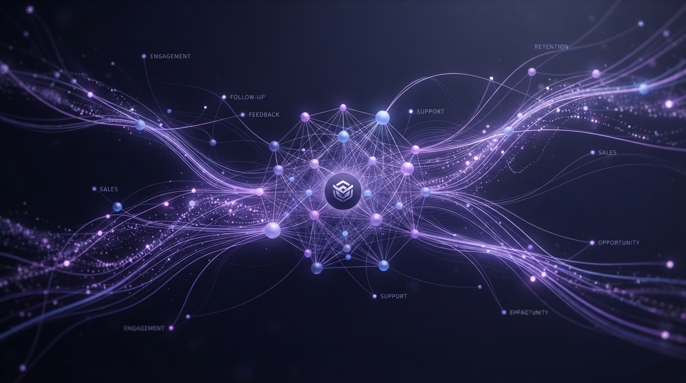 Abstract concept of customer relationship management with connected glowing nodes forming a relationship network