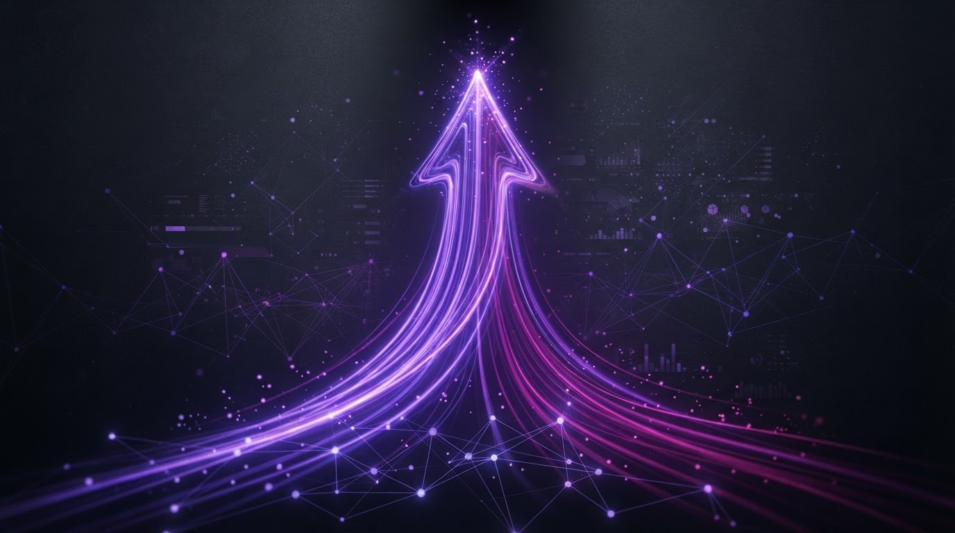Abstract concept of a structured growth method with violet light streams forming an upward pattern