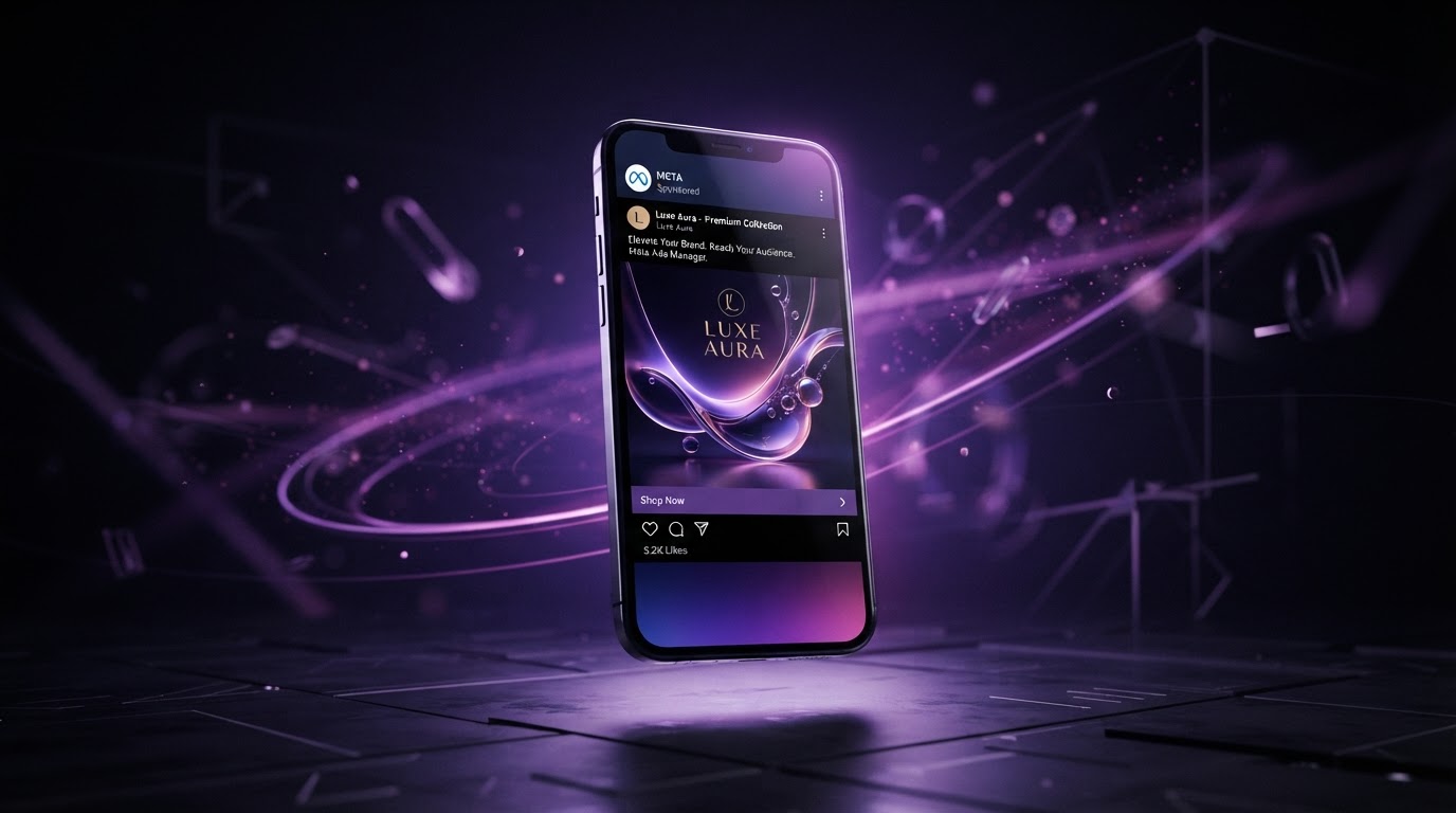Abstract concept of Meta advertising with a smartphone showing social media interface and violet gradient glow