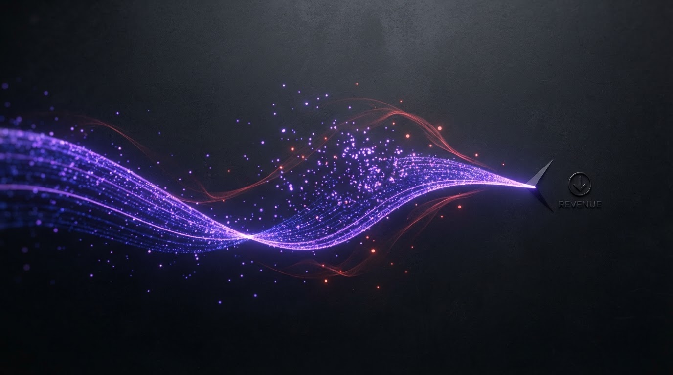 Abstract concept of advertising lead leakage with violet light particles dispersing on a dark premium surface