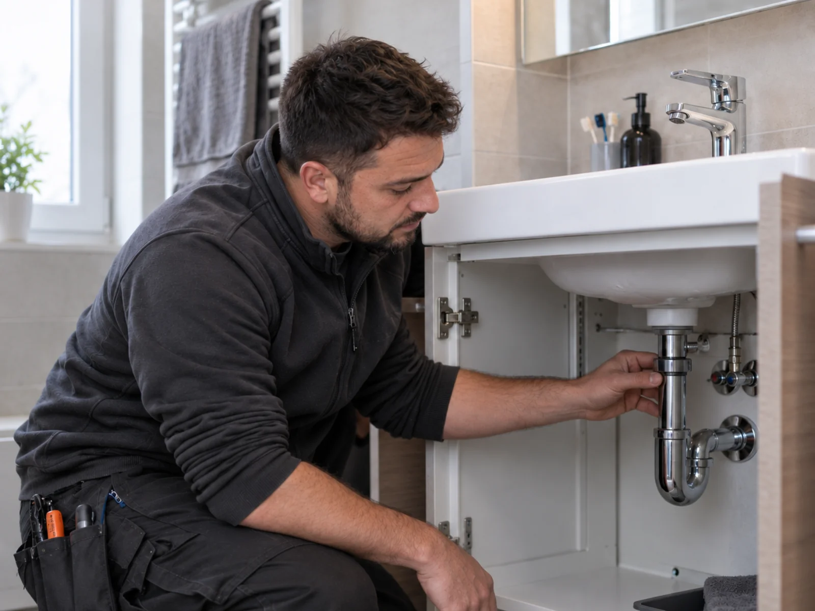 Sanitärmonteur bei der Prüfung einer Installation