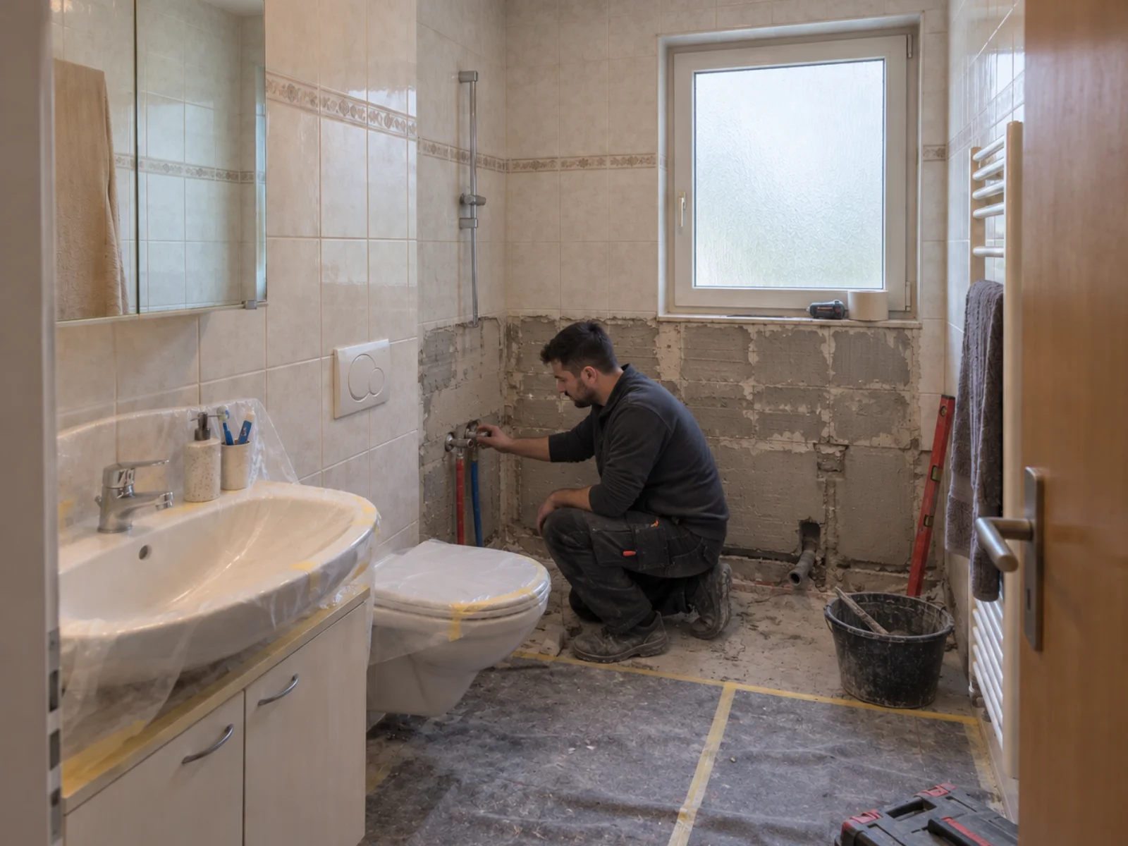 Sanitärarbeiten während eines Badumbaus