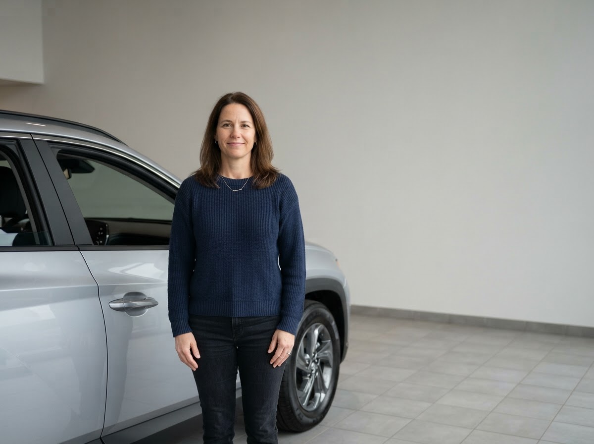 A dealership employee filming a customer testimonial beside a modern car with a smartphone