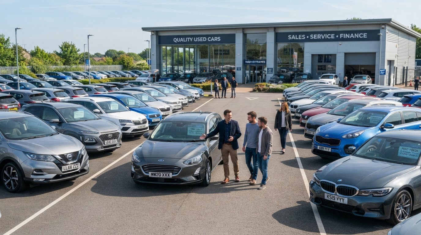 A busy modern UK car dealership forecourt with rows of mainstream used vehicles and customers browsing