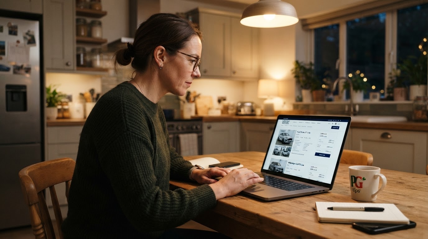 A UK car buyer actively researching a family SUV on a dealership website using a laptop at home in the evening