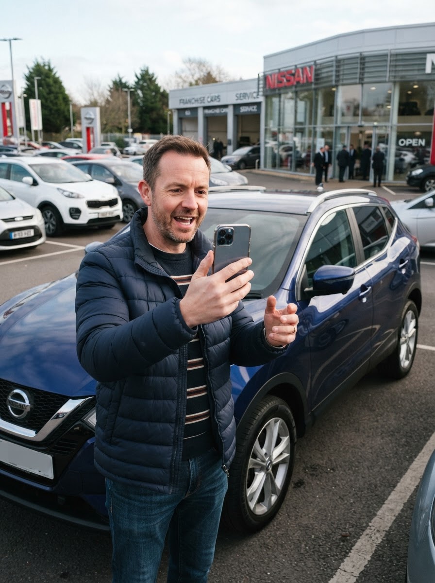 Family buyer filming a selfie-style review beside a modern SUV crossover explaining their choice