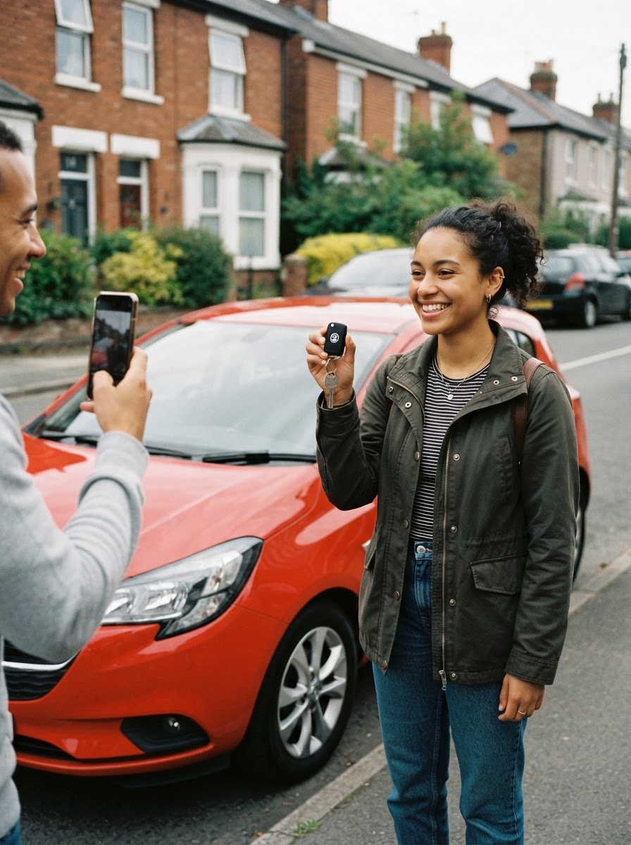 Young first-time buyer proudly standing beside their first car, a modern small mainstream hatchback