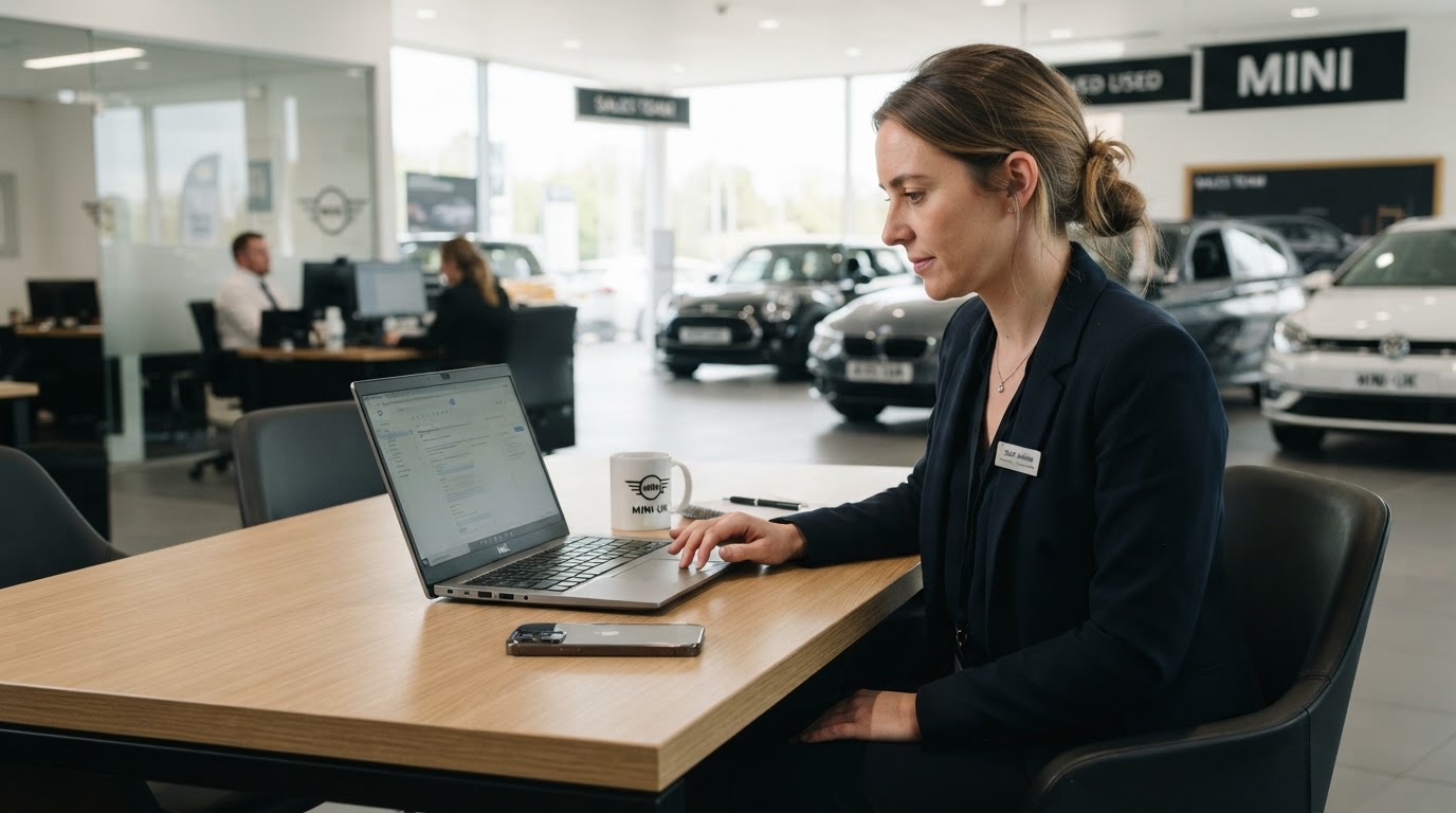A UK car dealership sales professional thoughtfully reviewing customer enquiries on a laptop at a modern desk, with mainstream vehicles visible in the background