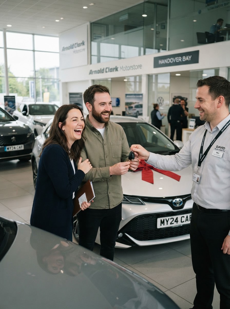 A couple reacting with genuine excitement at a vehicle handover at a modern UK dealership