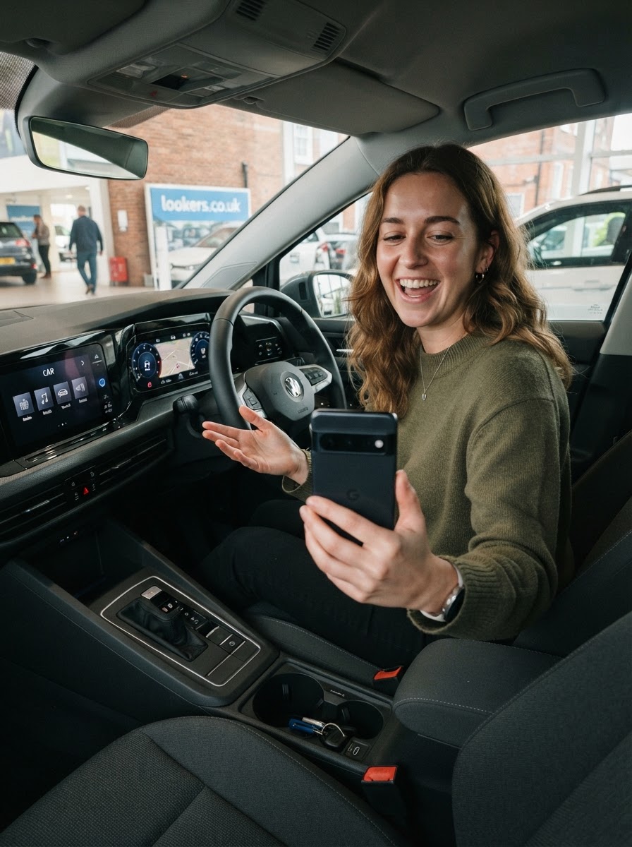 Customer in their late twenties filming inside a modern hatchback about their favourite dashboard features