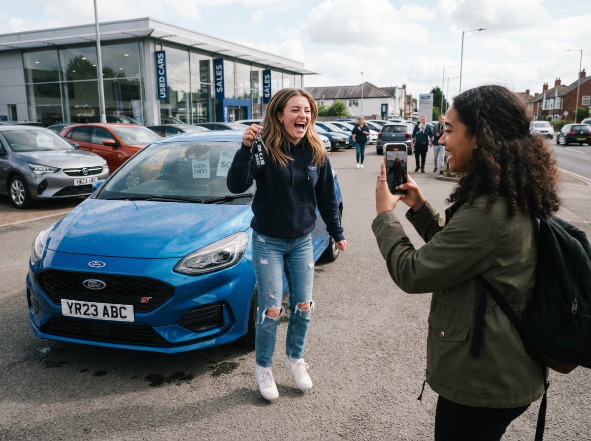 A young first-car buyer being filmed by a friend on a smartphone, sharing an excited moment beside their new car