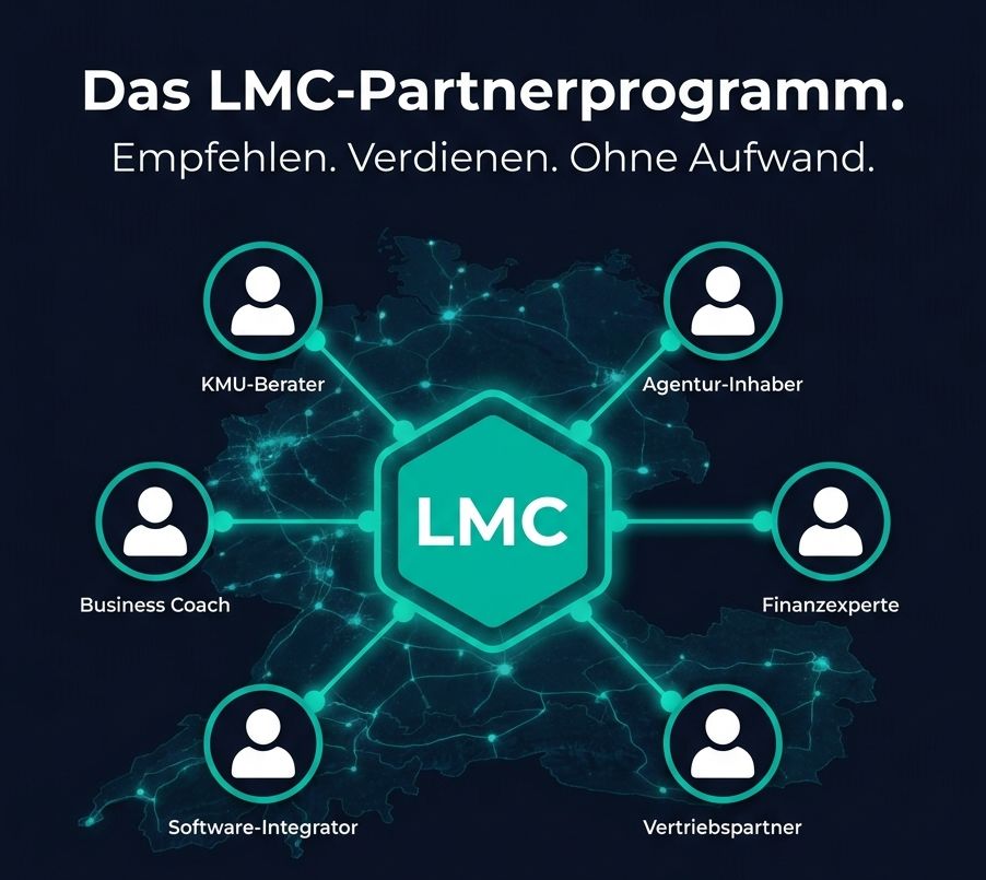 Das LMC-Partnerprogramm Netzwerk für die DACH-Region (Deutschland, Österreich, Schweiz): KMU-Berater, Agentur-Inhaber, Finanzexperten, Vertriebspartner, Software-Integratoren und Business Coaches empfehlen KI-Rezeptionisten von Local. More. Clients. (Olaf Geiling, Berlin)