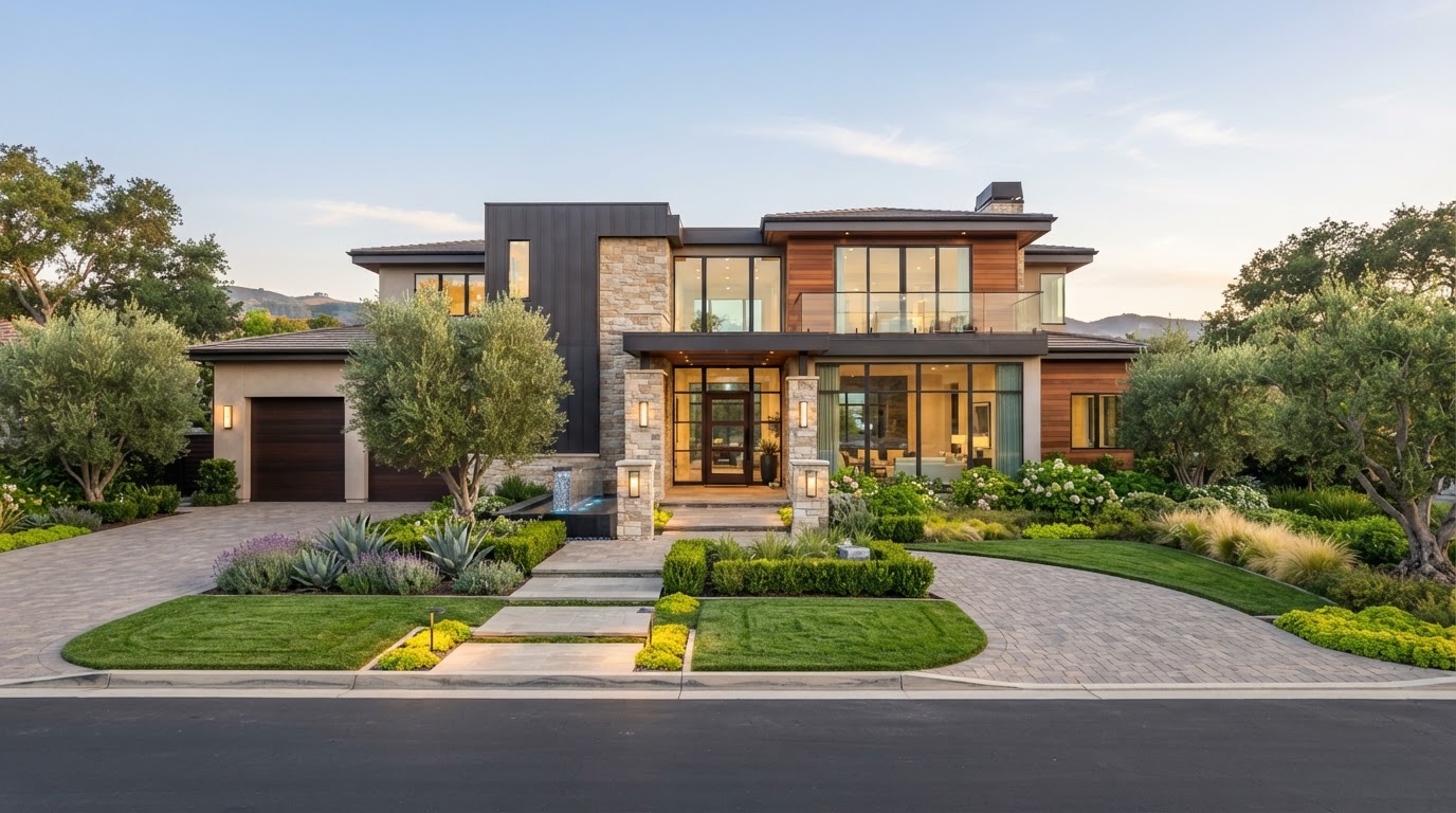 A bright luxury home with warm curb appeal at golden morning light