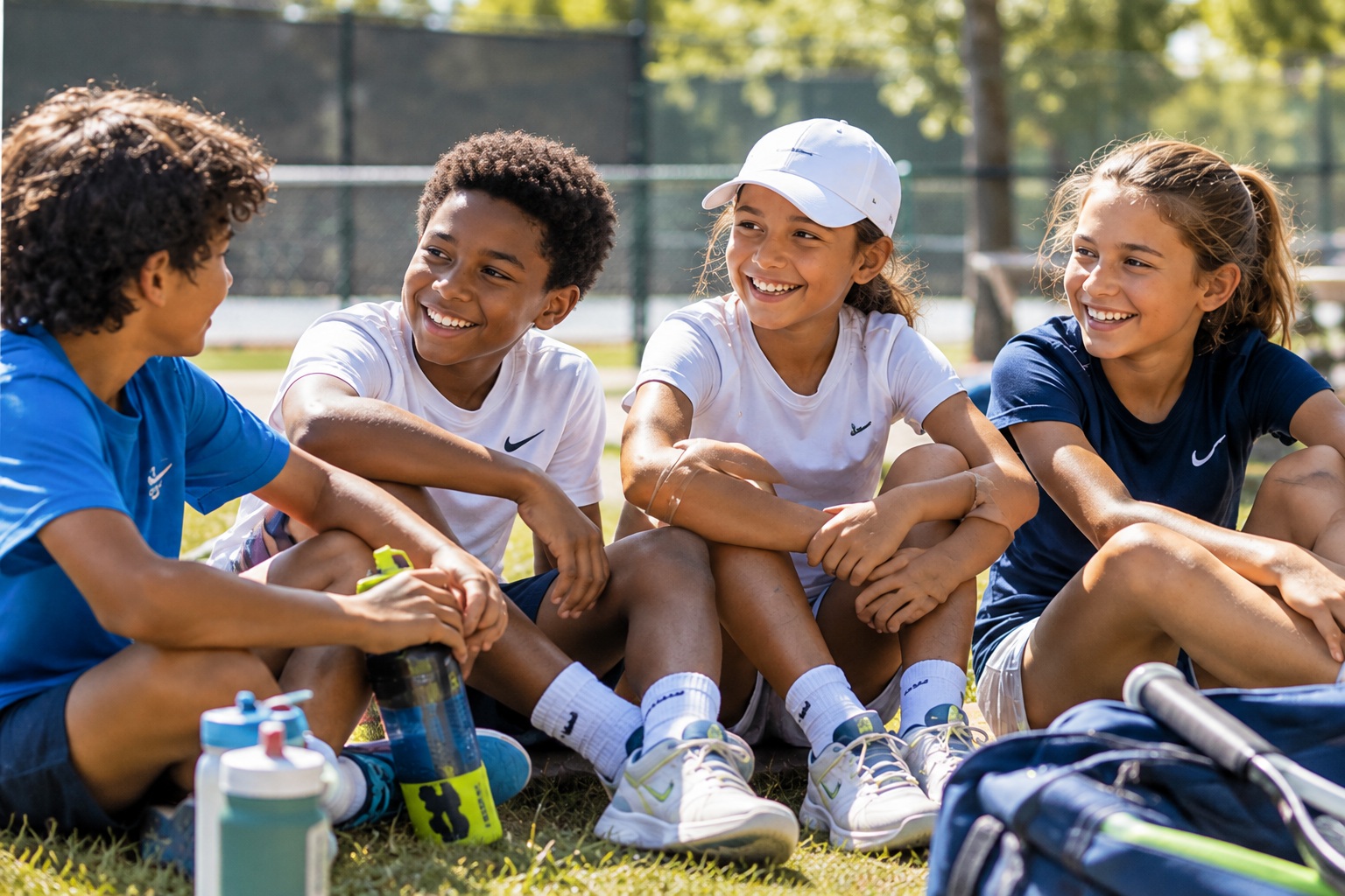 BEST High Performance Camp — junior players resting and smiling courtside between competitive drills