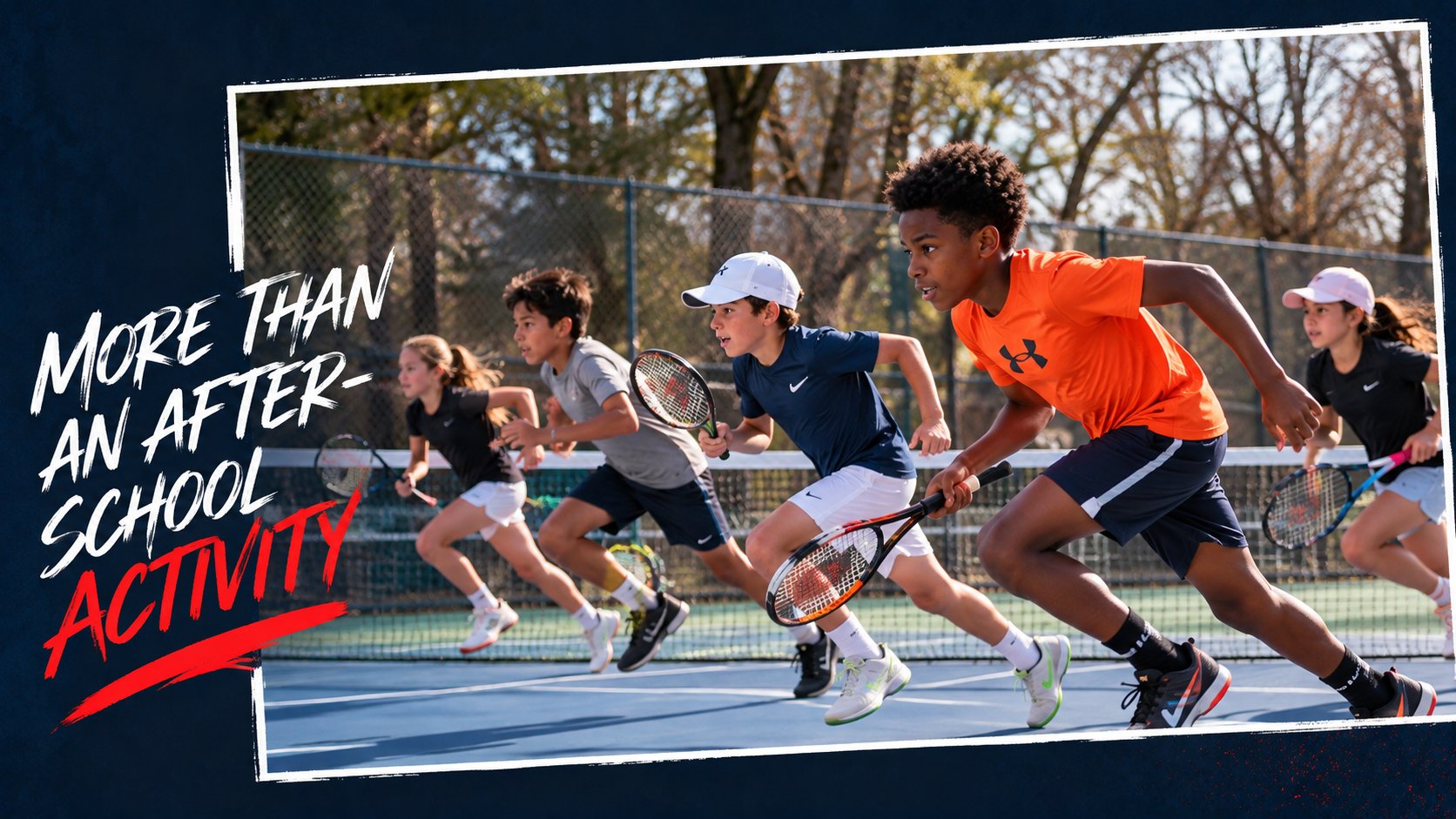 Junior tennis players running drills at Oakhurst Park in Decatur, GA