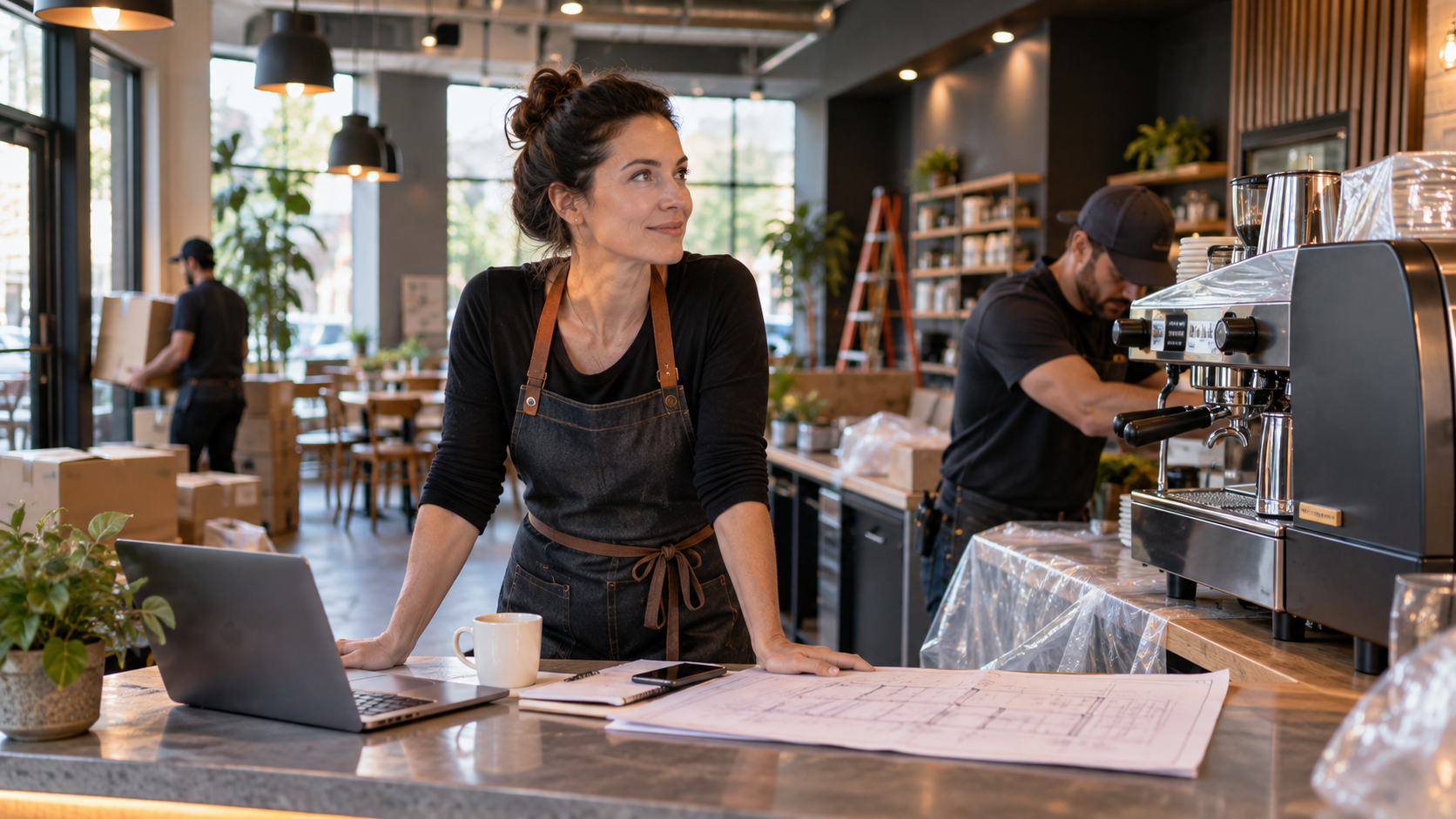 Business owner overseeing improvements, equipment installation, and cafe expansion