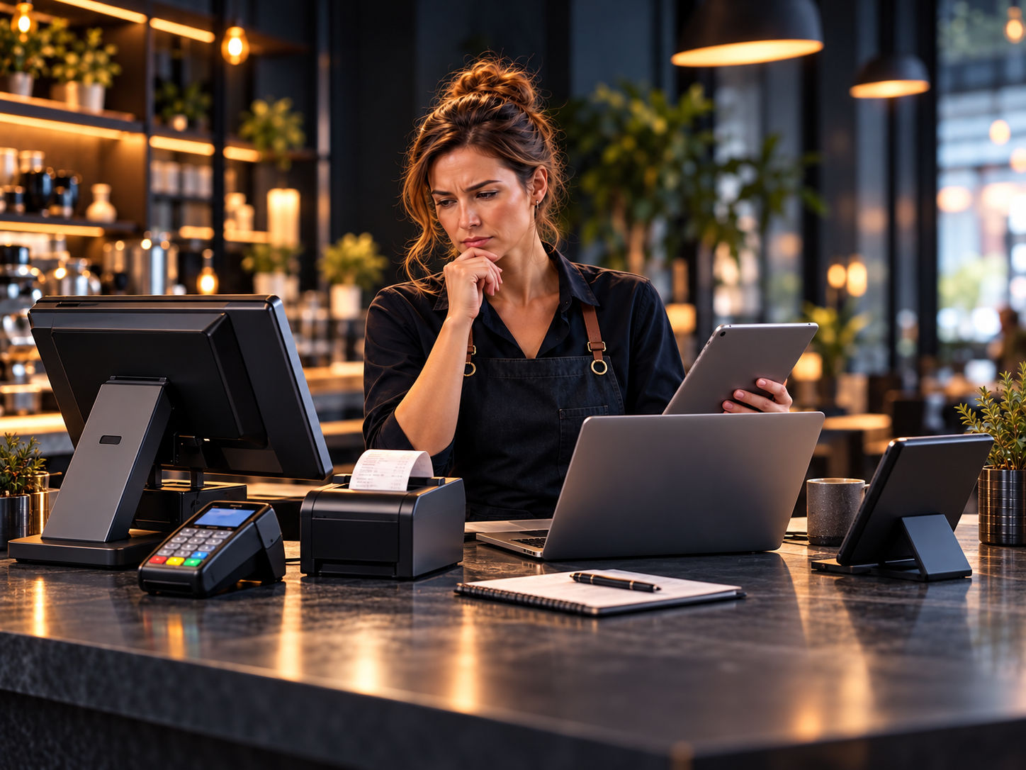 Small business owner managing multiple disconnected payment and POS systems