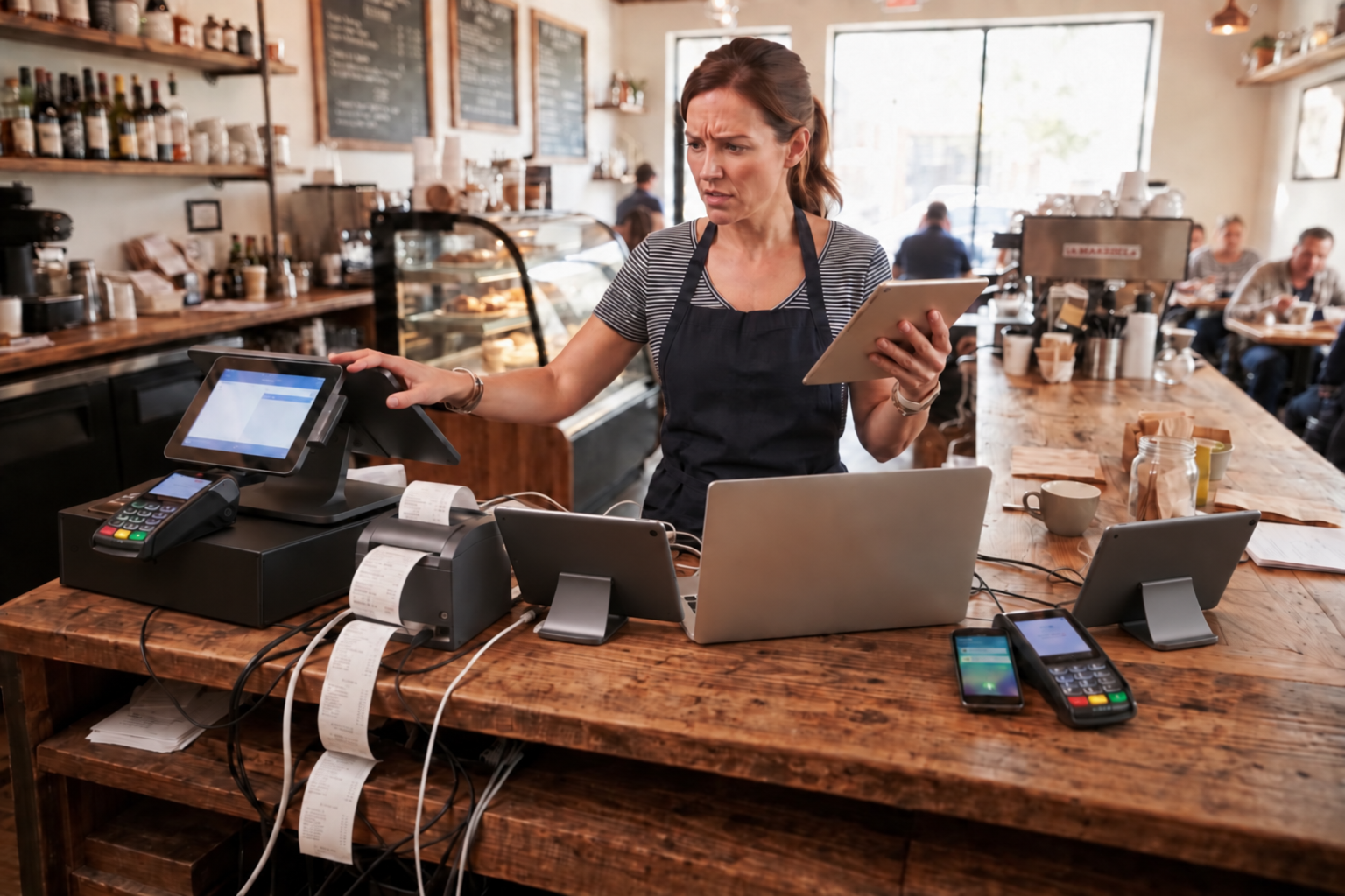Small business owner managing multiple disconnected payment and POS systems