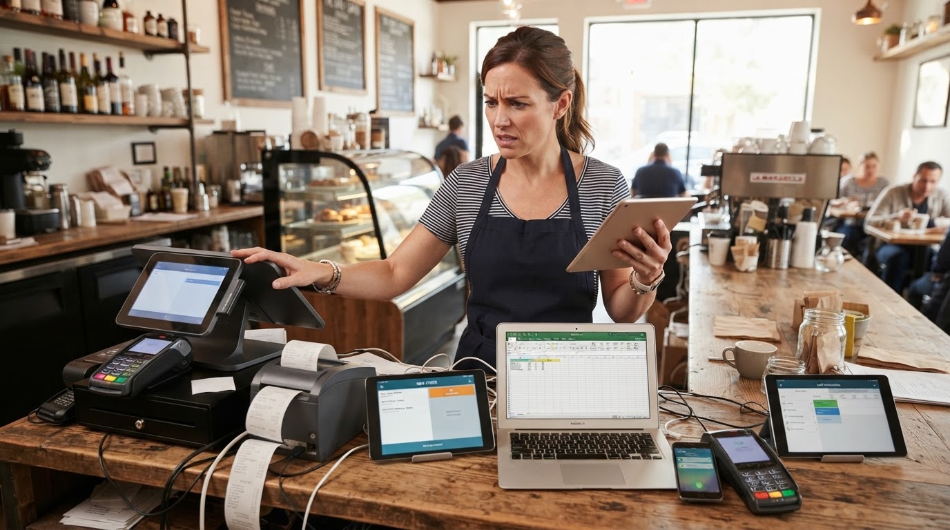 Small business owner managing multiple disconnected systems and devices