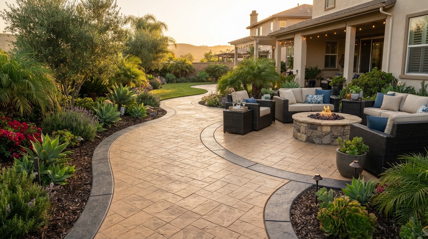 Finished stamped decorative concrete backyard patio in Whittier, CA