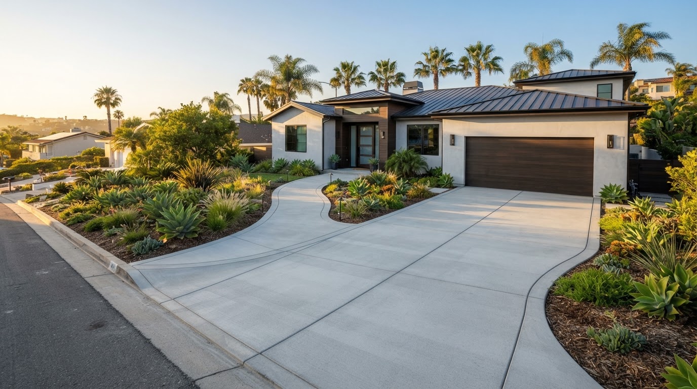 Completed residential concrete driveway and walkway at a Whittier, CA home