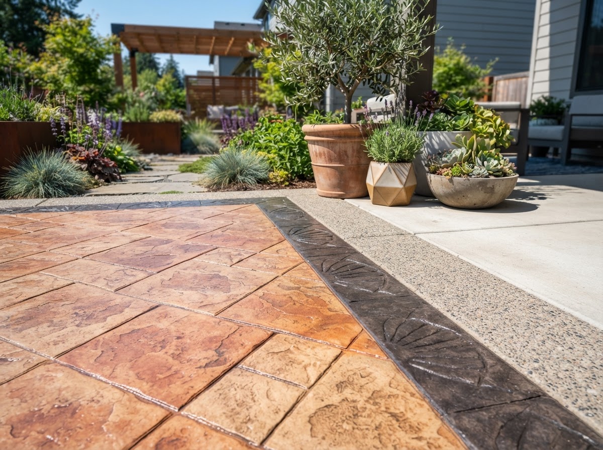 Stamped concrete patio detail with border in Whittier, CA