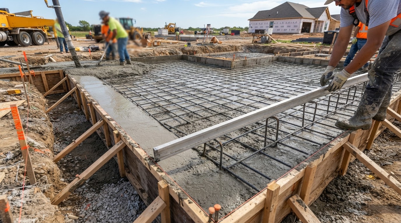 Concrete foundation and footing pour with forms and rebar in Whittier, CA