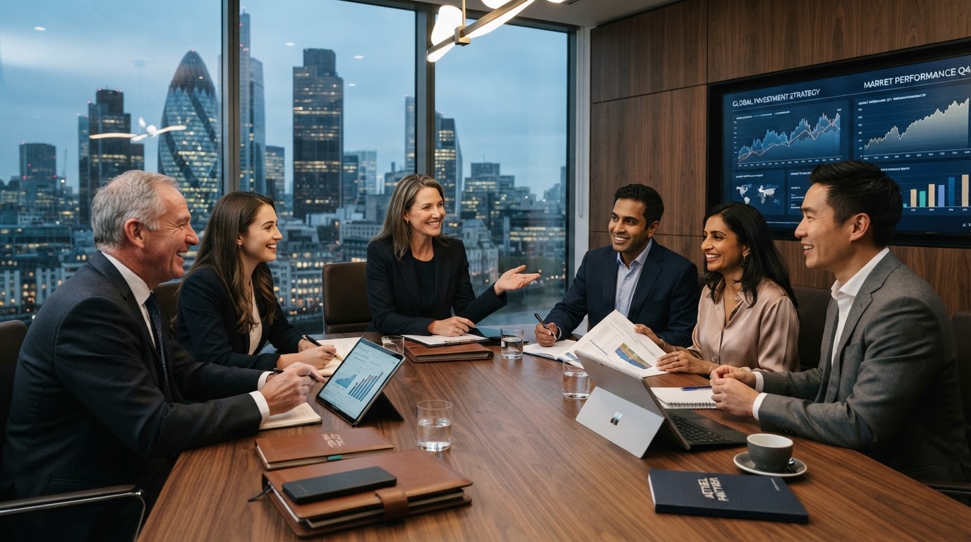 Diverse colleagues learning and discussing financial wealth in meeting
