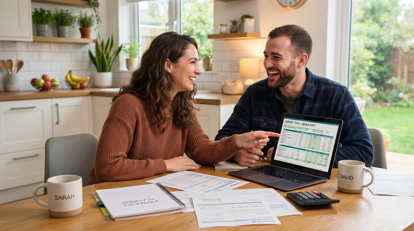 Couple reviewing budget and managing finances with laptop