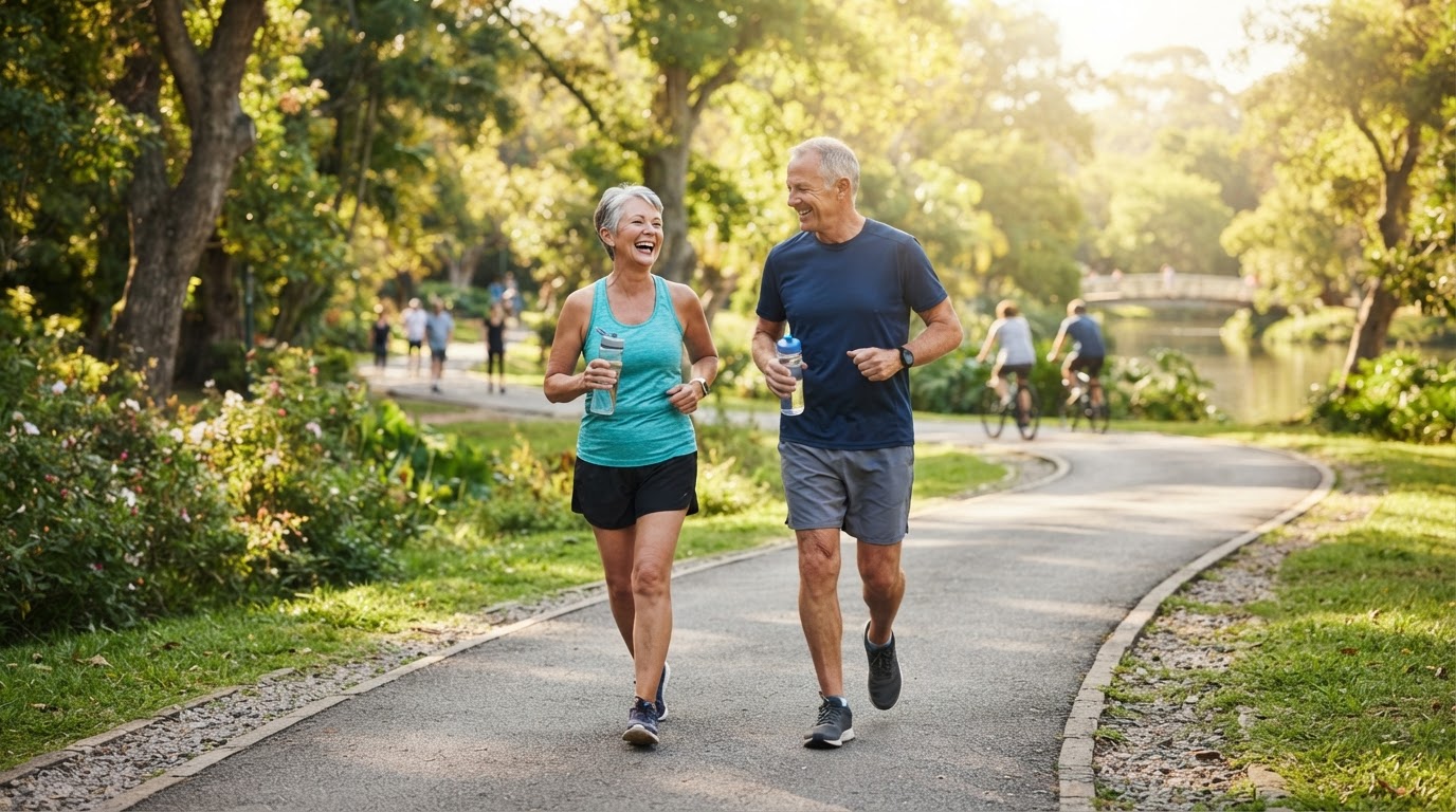 Healthy mature couple walking in the park together