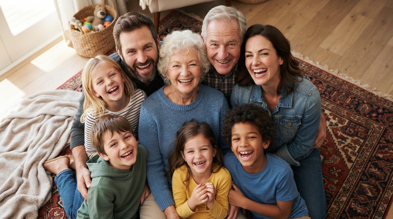 Happy family heads together protected and smiling