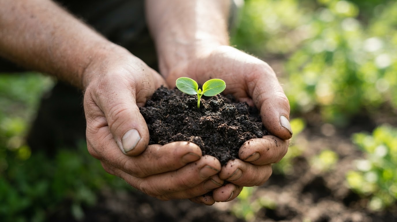 Hands holding rich soil nurturing a young plant sprout