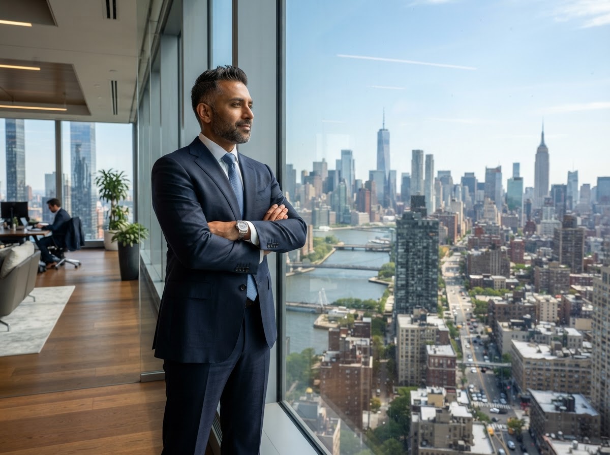 Executive looking out skyscraper window over city