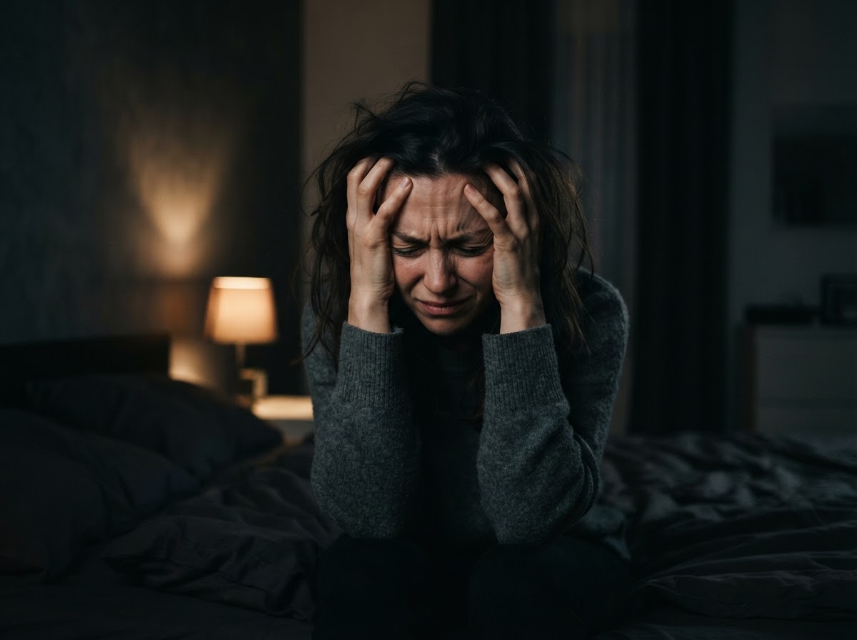 Person in severe migraine head pain