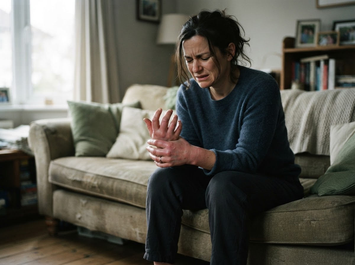 Woman gripping swollen hands in joint pain and fatigue from autoimmune symptoms