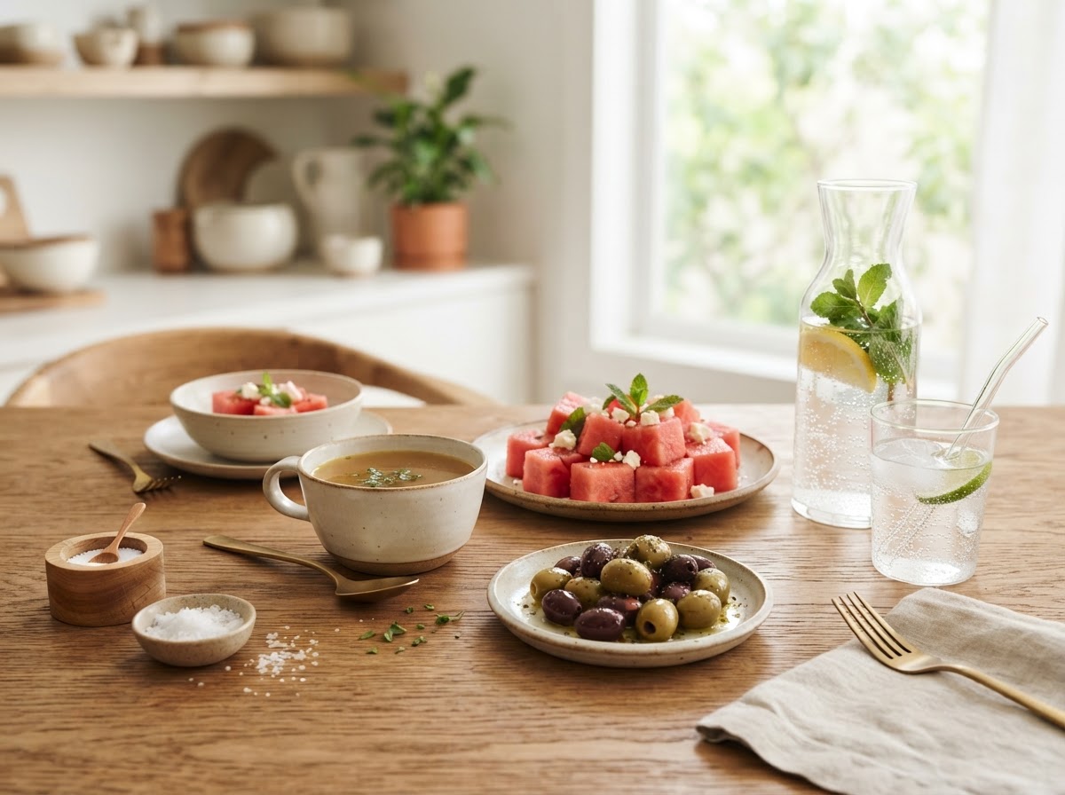 Electrolyte-rich broth, olives and watermelon for autonomic support